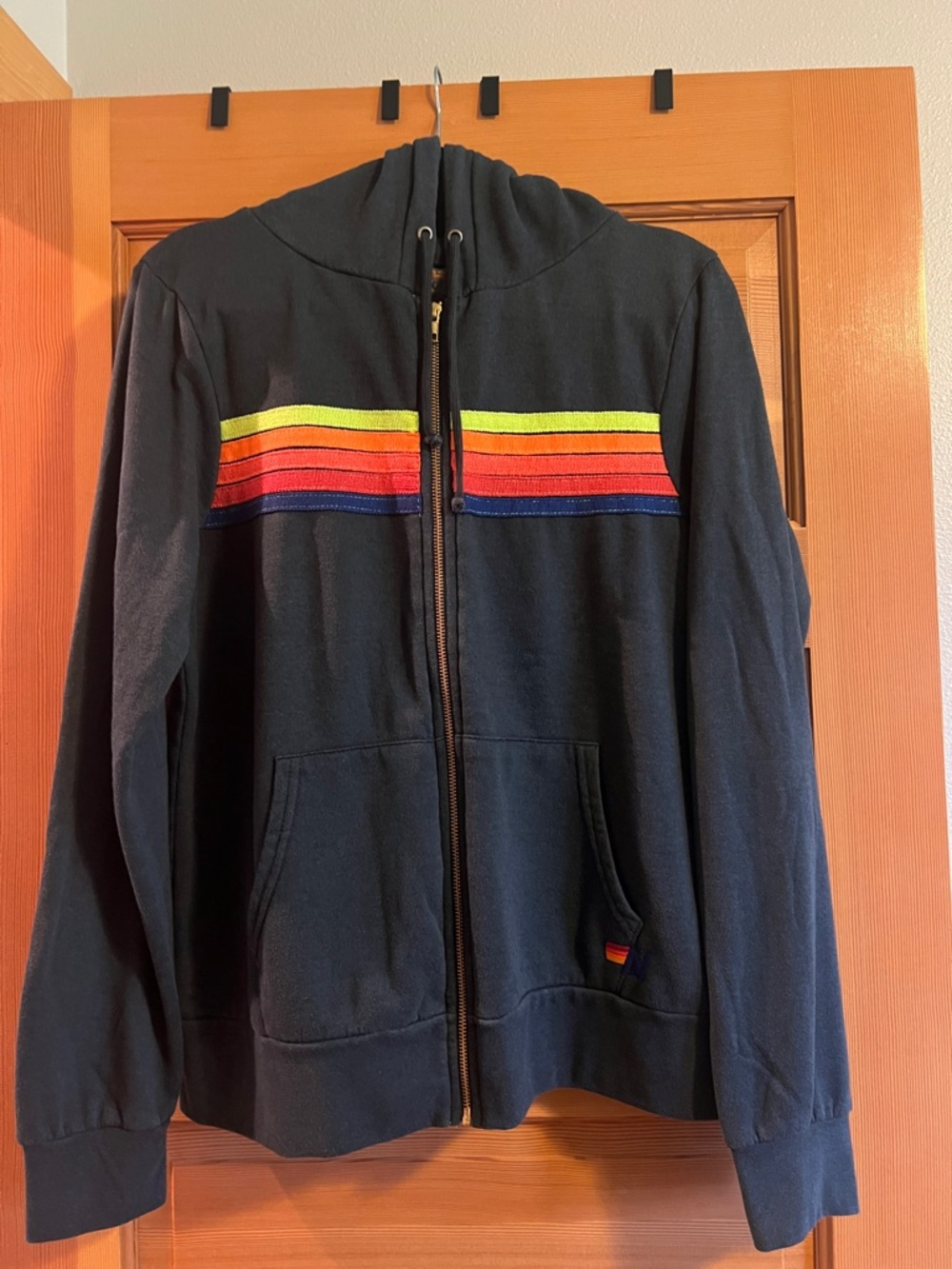 Aviator Nation charcoal Zip Hoodie with Rainbow Stripe
